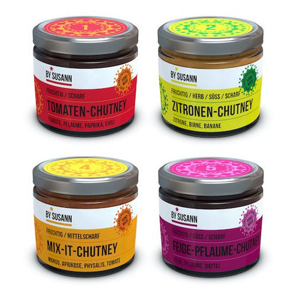 4er Probier-Chutney-Set 2 von BySusann: Tomaten-, Zitronen-, Mix-It- und Feige-Pflaume-Chutney